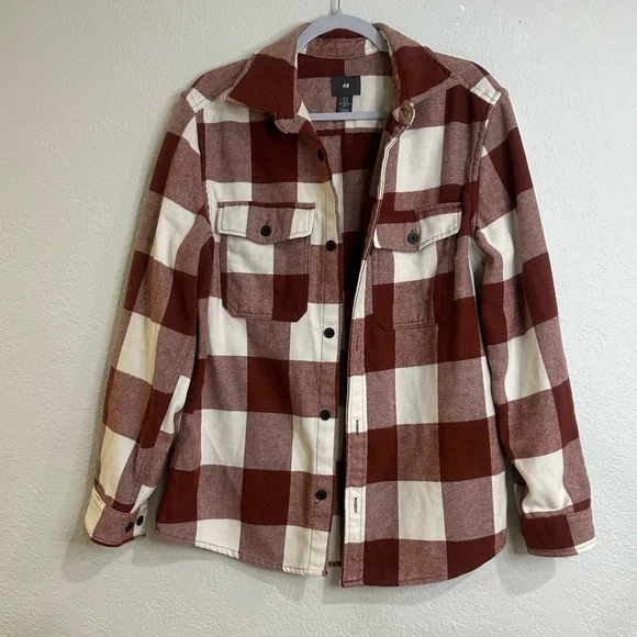 H&M Men’s Rust Burgundy Plaid Flannel Shacket Shirt Jacket Size M - Picture 2 of 12
